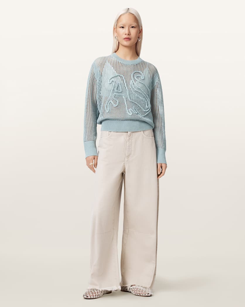 AllSaints Raelyn Relaxed Fit Open Stitch Sweater Women's Quarry Blue Women's