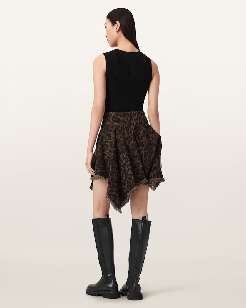 AllSaints Crissy Leopard Print Denim Mini Skirt Women's Leppo Brown Women's