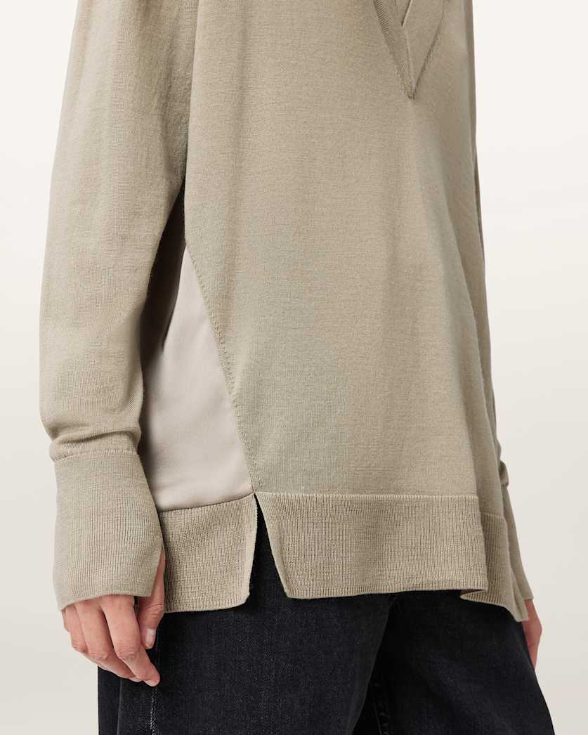 AllSaints Bern V Neck Wool Sweater Women's Taupe Grey Women's