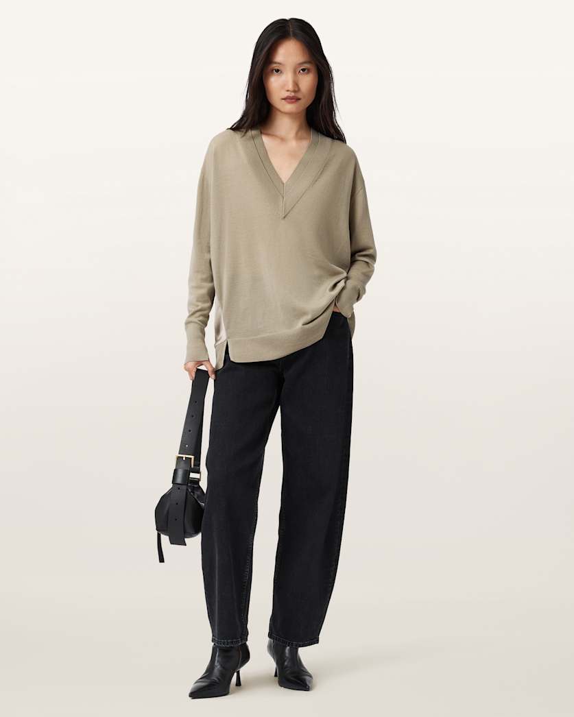 AllSaints Bern V Neck Wool Sweater Women's Taupe Grey Women's