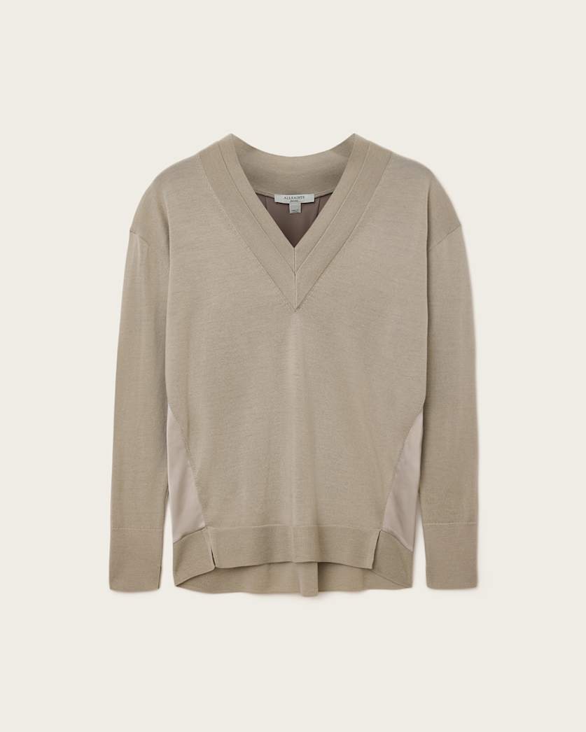 AllSaints Bern V Neck Wool Sweater Women's Taupe Grey Women's