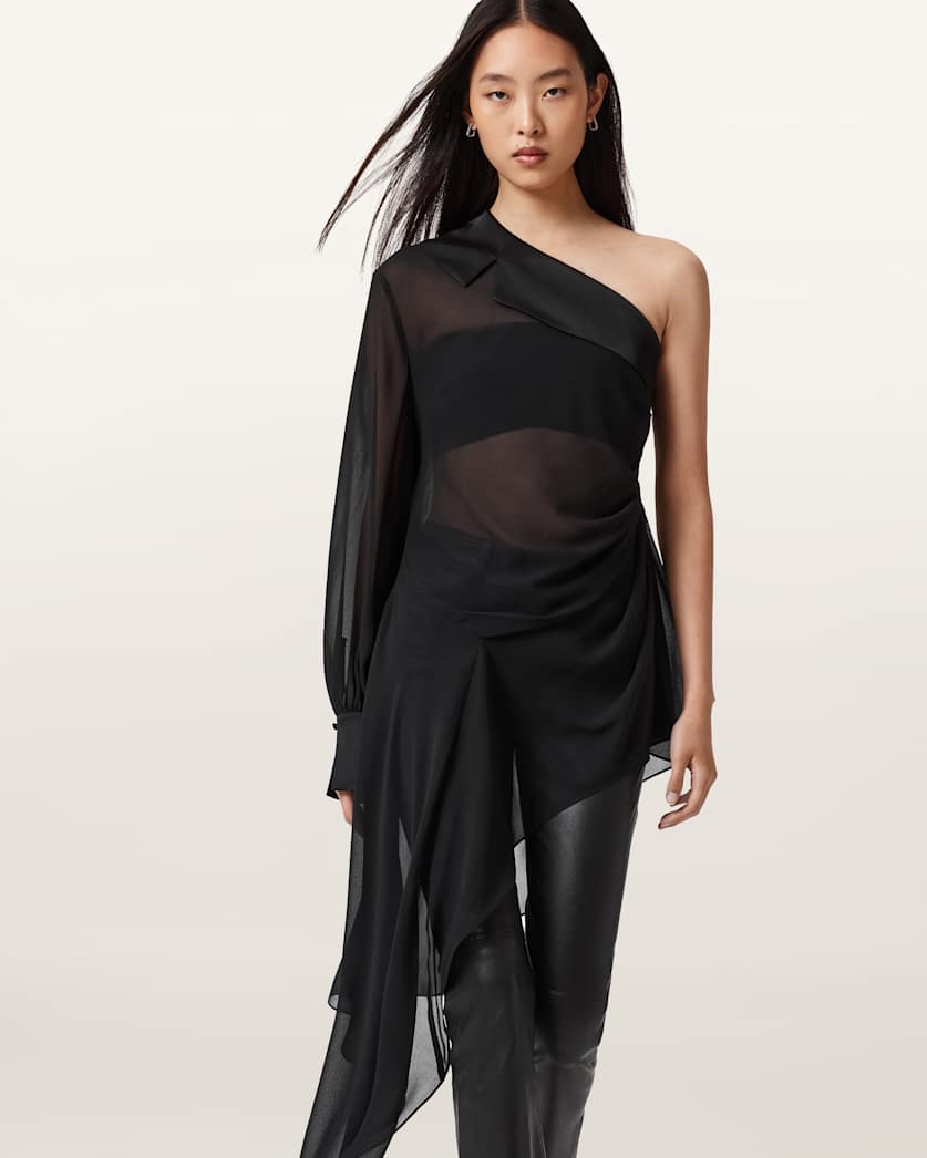 AllSaints Anaya Asymmetric Sheer Top Women's Black Women's