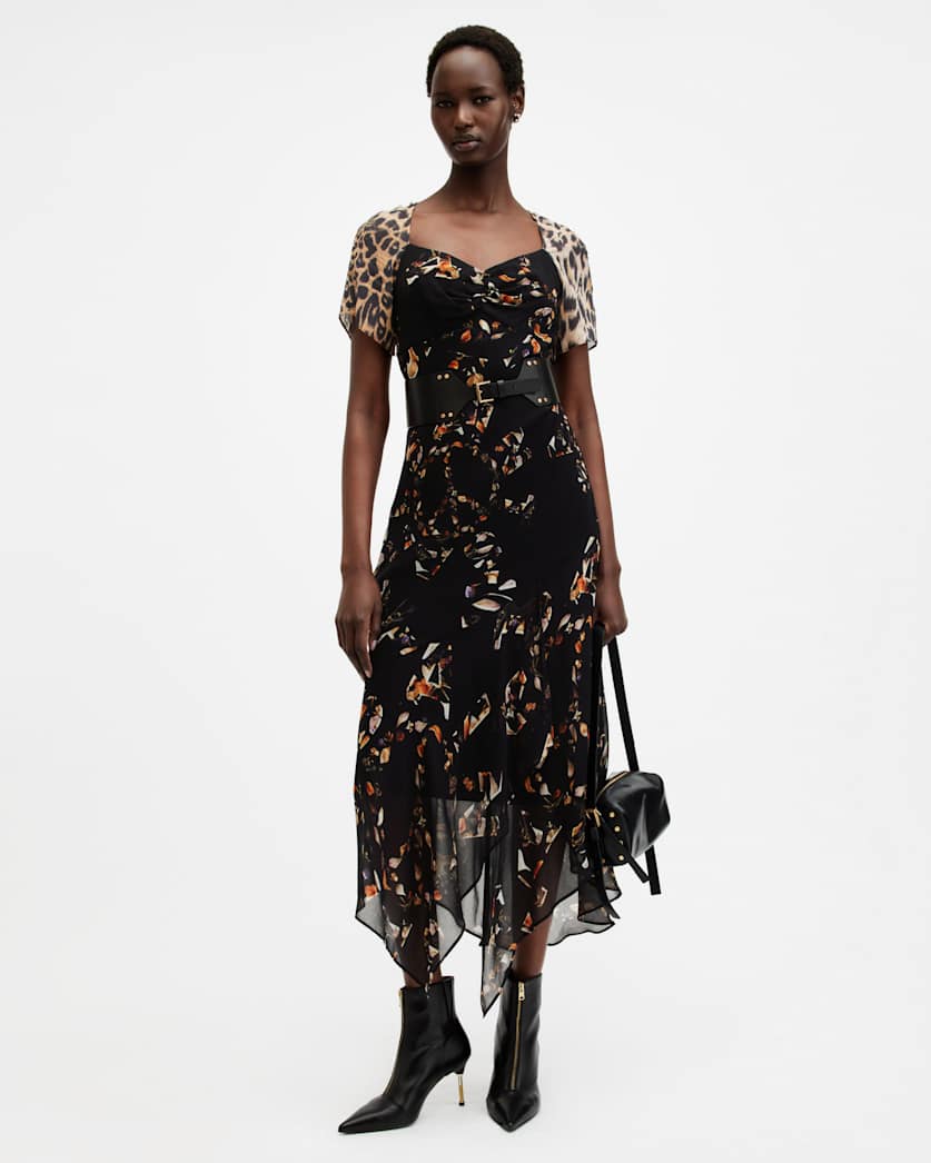 AllSaints Leah Floral Print Midi Dress Women's Kateri Black Women's