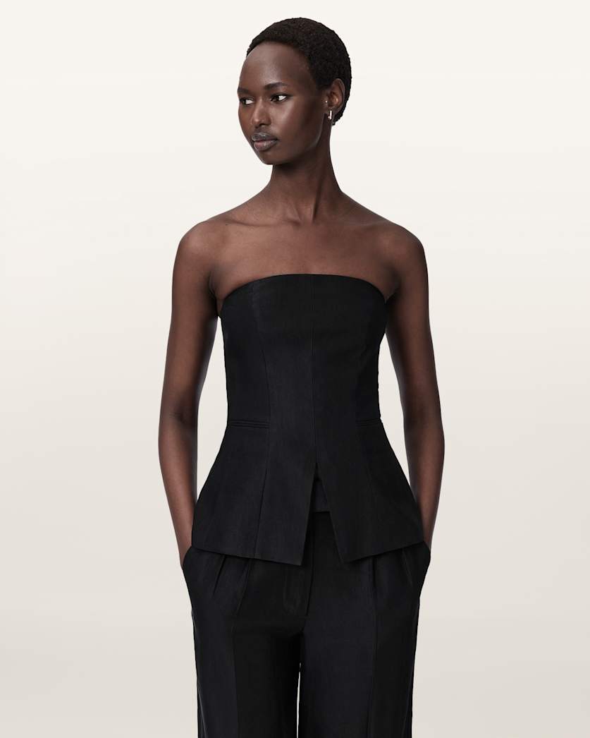 AllSaints Charley Bodycon Fit Linen Blend Bodice Women's Black Women's