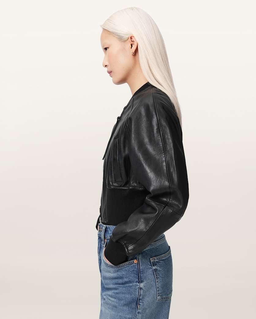 AllSaints Suri Cropped Leather Bomber Jacket Women's Black Women's