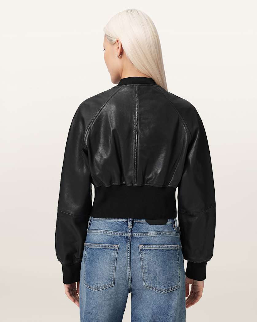 AllSaints Suri Cropped Leather Bomber Jacket Women's Black Women's