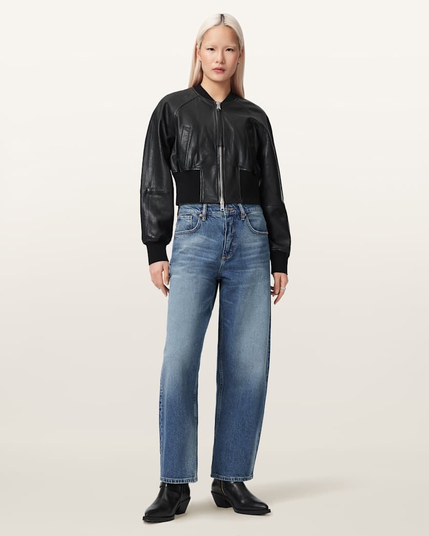 AllSaints Suri Cropped Leather Bomber Jacket Women's Black Women's