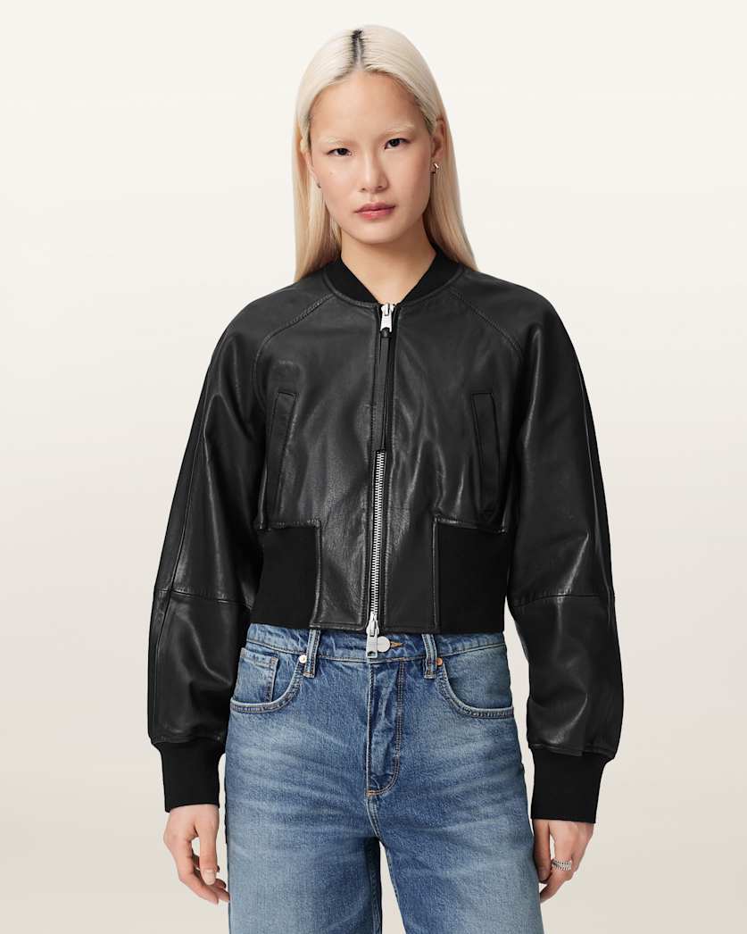 AllSaints Suri Cropped Leather Bomber Jacket Women's Black Women's
