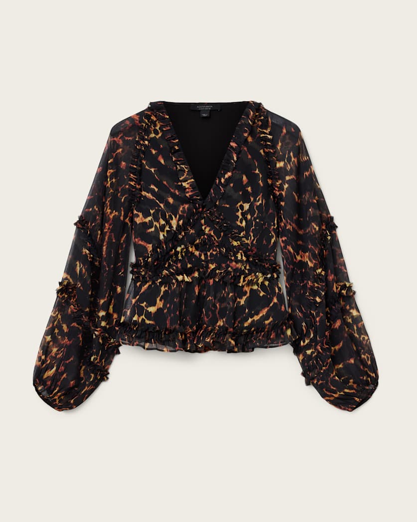 AllSaints Silvie Ruffled Top Women's Pardus Flame Brown Women's