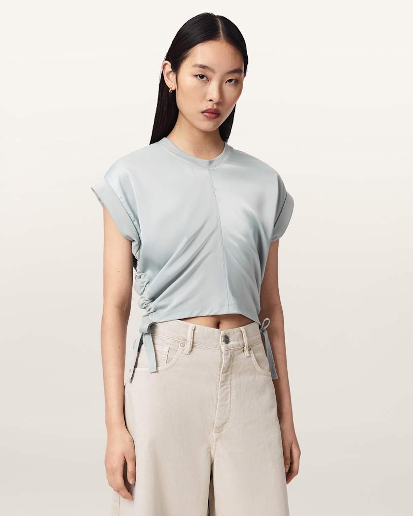 AllSaints Mira Cropped Satin Drawcord T Shirt Women's Rust Brown Women's