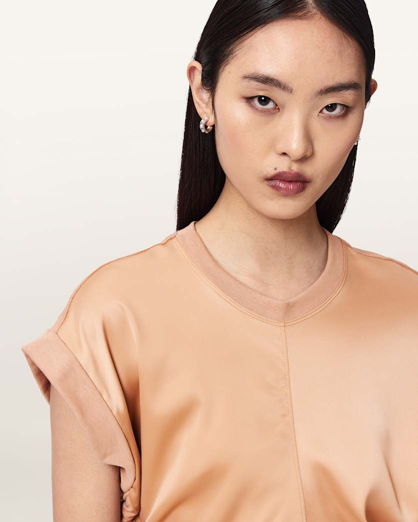 AllSaints Mira Cropped Satin Drawcord T Shirt Women's Rust Brown Women's