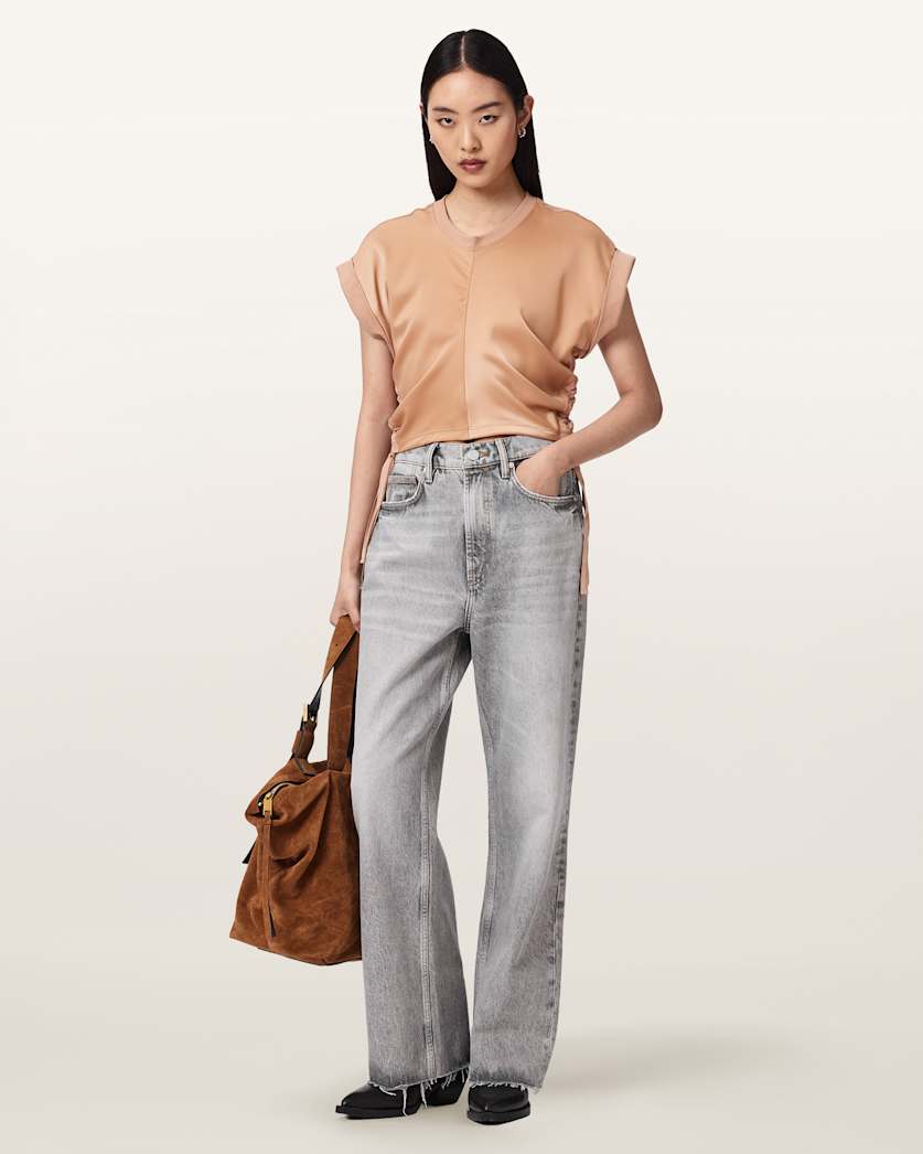 AllSaints Mira Cropped Satin Drawcord T Shirt Women's Rust Brown Women's