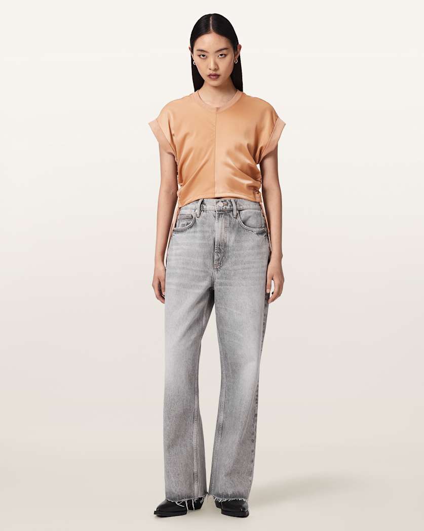 AllSaints Mira Cropped Satin Drawcord T Shirt Women's Rust Brown Women's