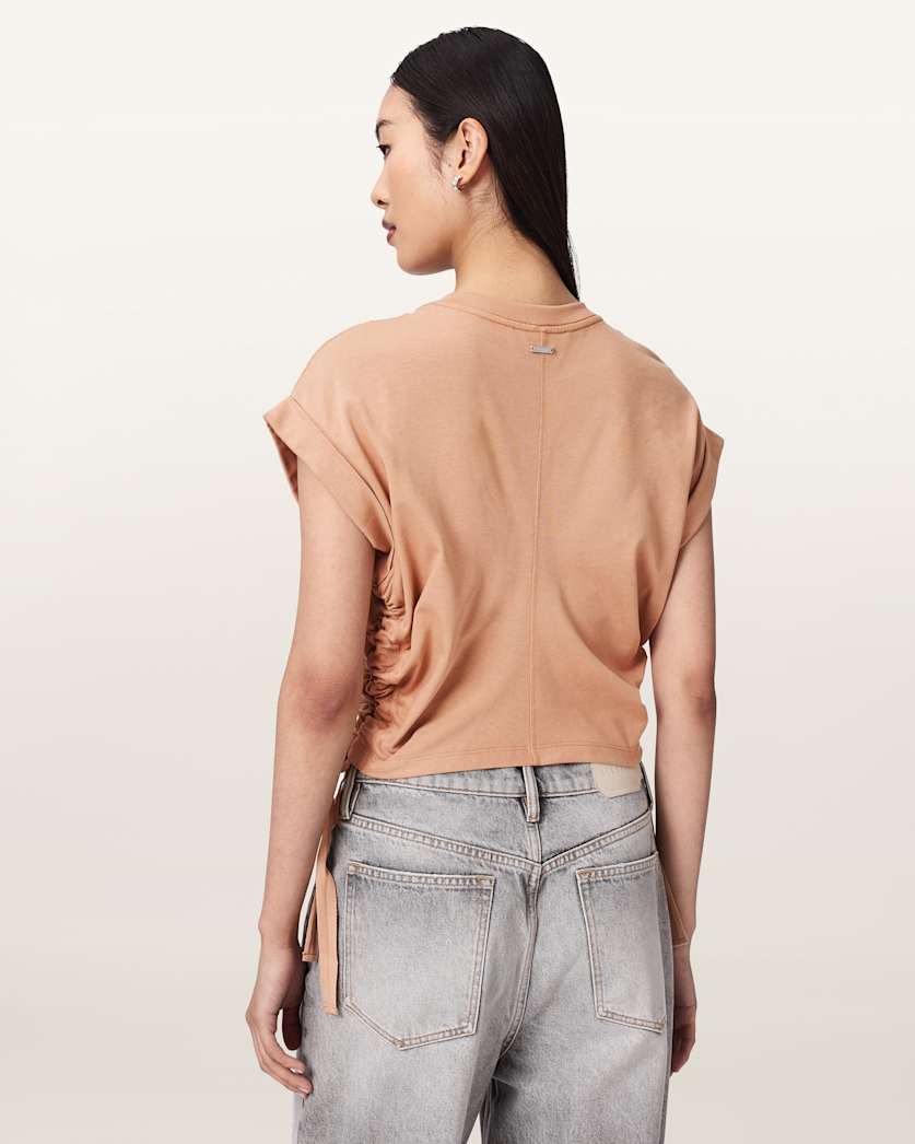 AllSaints Mira Cropped Satin Drawcord T Shirt Women's Rust Brown Women's