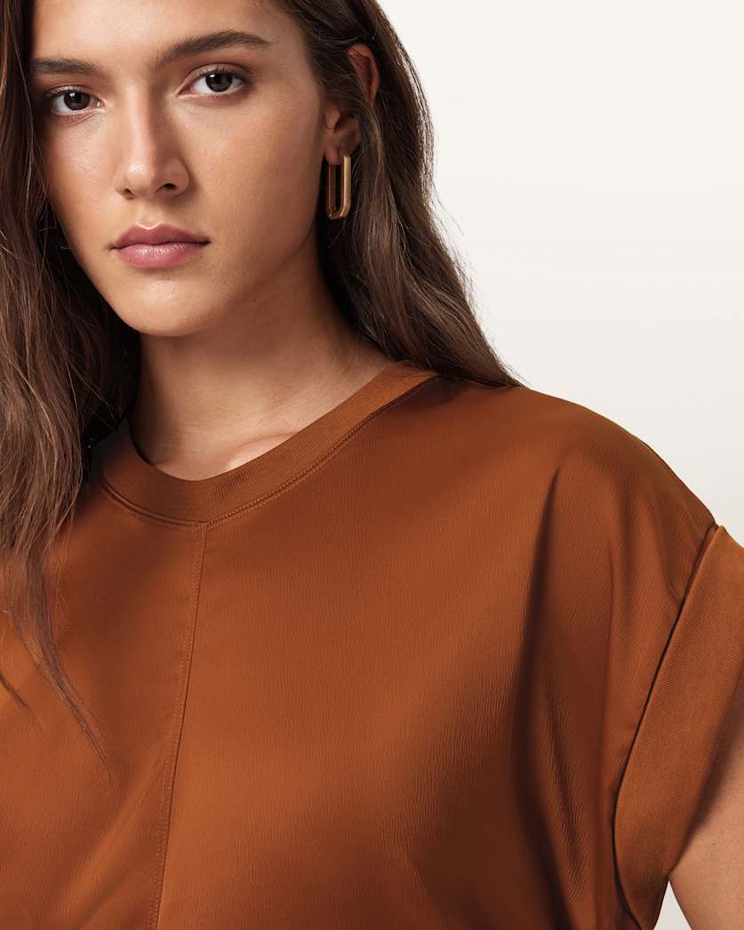 AllSaints Mira Cropped Satin Drawcord T Shirt Women's Rust Brown Women's