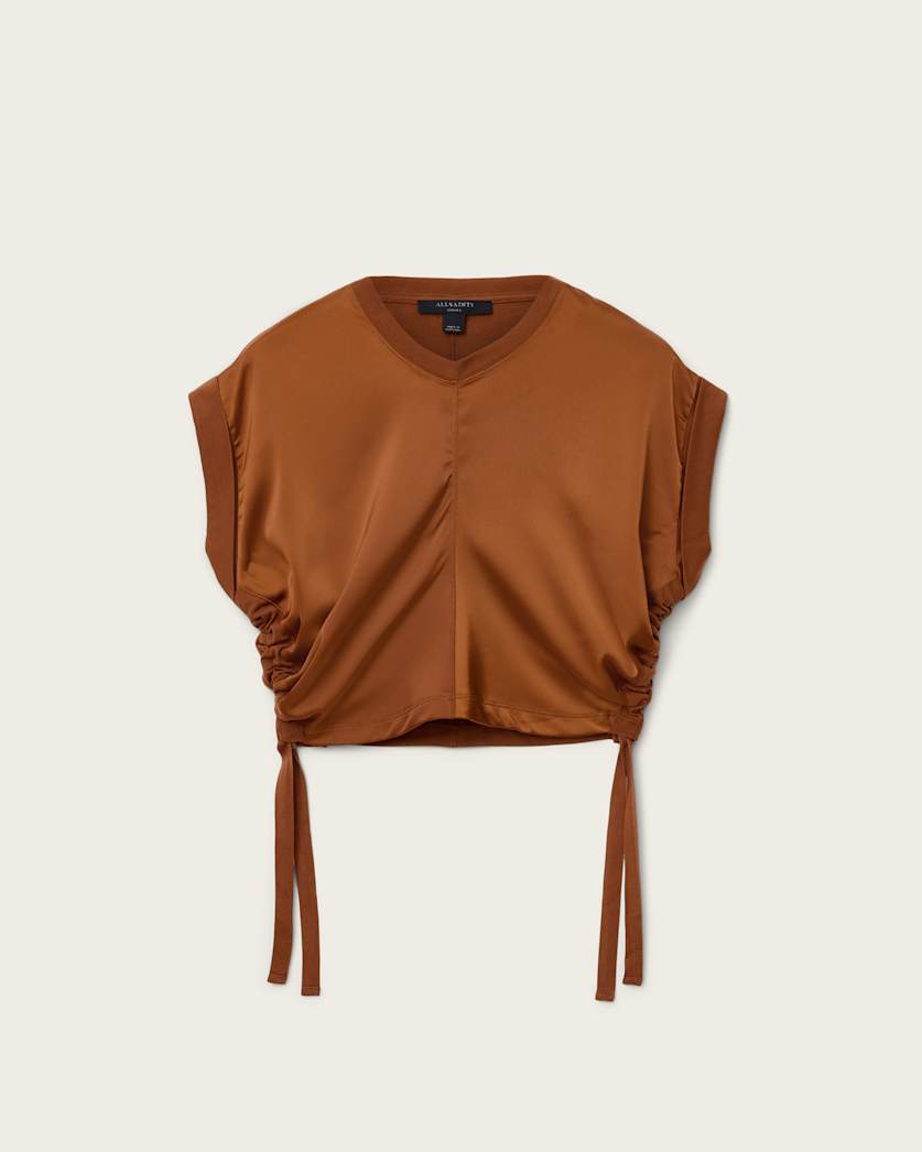 AllSaints Mira Cropped Satin Drawcord T Shirt Women's Rust Brown Women's