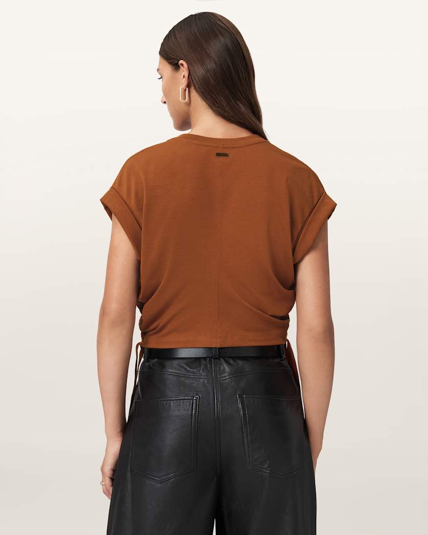 AllSaints Mira Cropped Satin Drawcord T Shirt Women's Rust Brown Women's