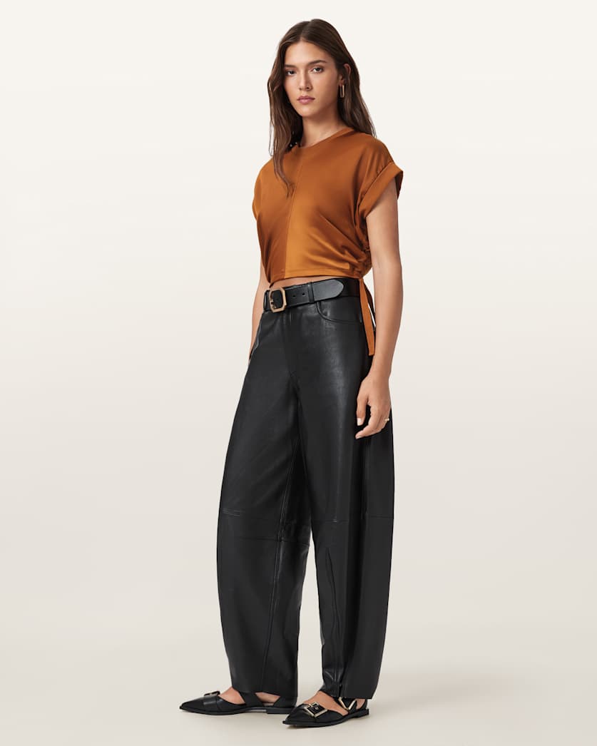 AllSaints Mira Cropped Satin Drawcord T Shirt Women's Rust Brown Women's