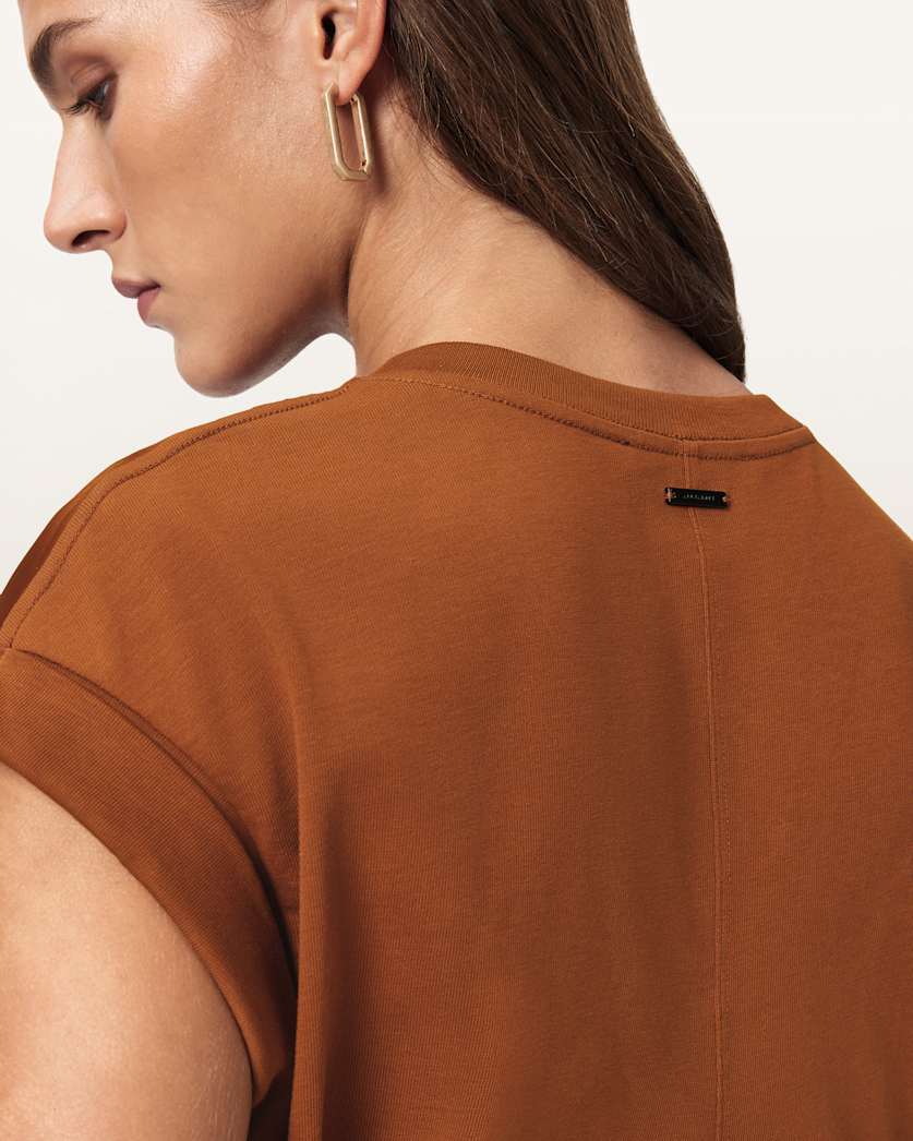 AllSaints Mira Cropped Satin Drawcord T Shirt Women's Rust Brown Women's