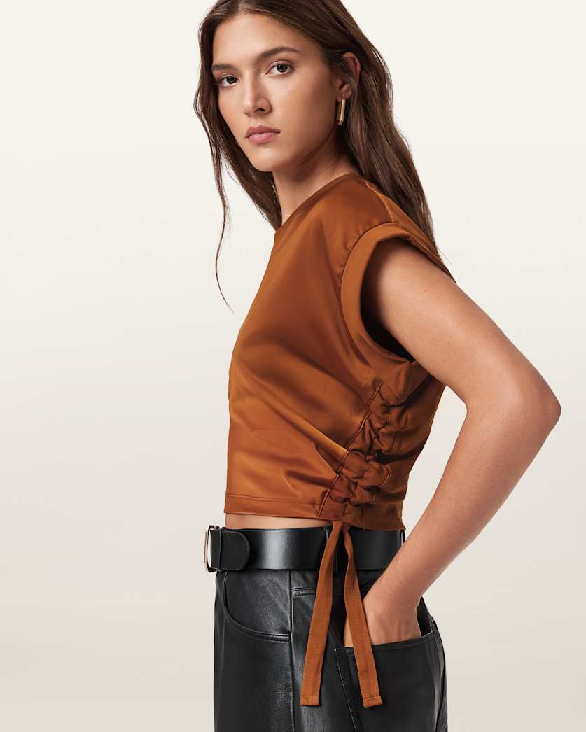 AllSaints Mira Cropped Satin Drawcord T Shirt Women's Rust Brown Women's