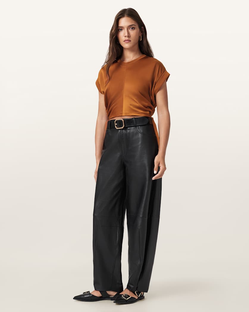 AllSaints Mira Cropped Satin Drawcord T Shirt Women's Rust Brown Women's