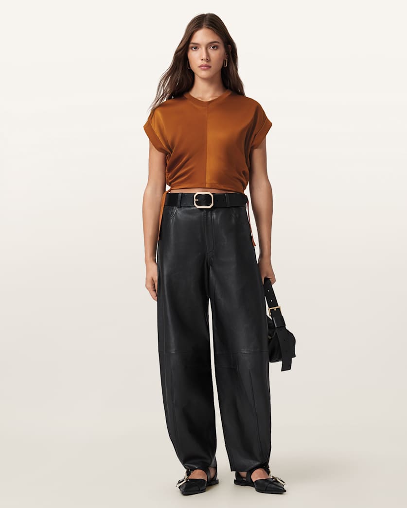 AllSaints Mira Cropped Satin Drawcord T Shirt Women's Rust Brown Women's