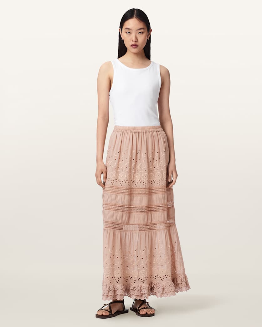AllSaints Camille Embroidered Tiered Maxi Skirt Women's Plaster Pink Women's
