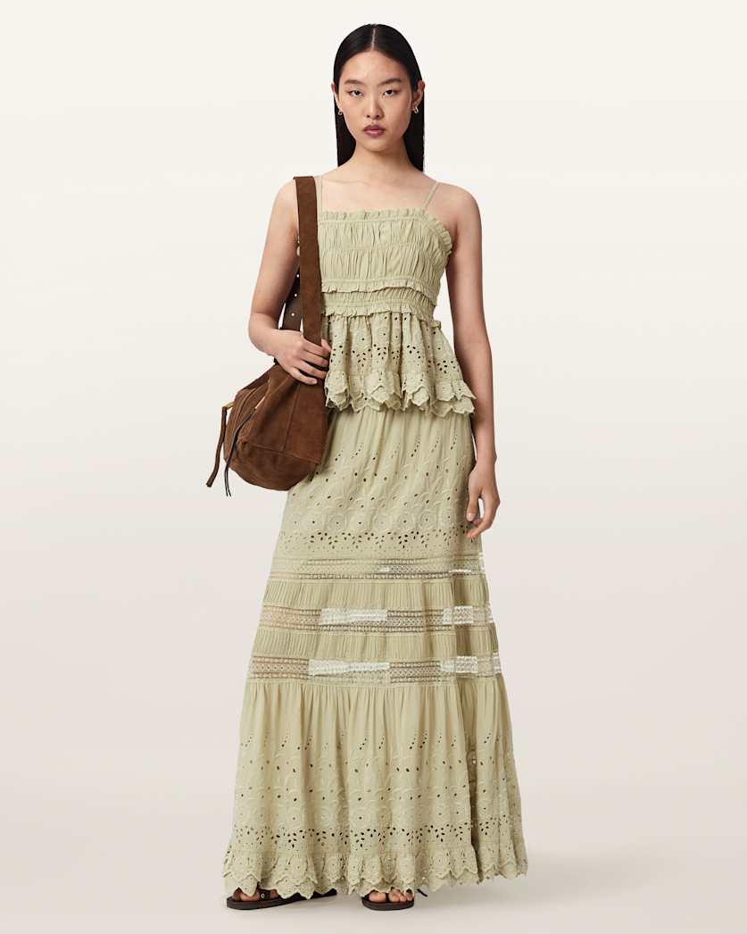 AllSaints Camille Embroidered Tiered Maxi Skirt Women's Plaster Pink Women's