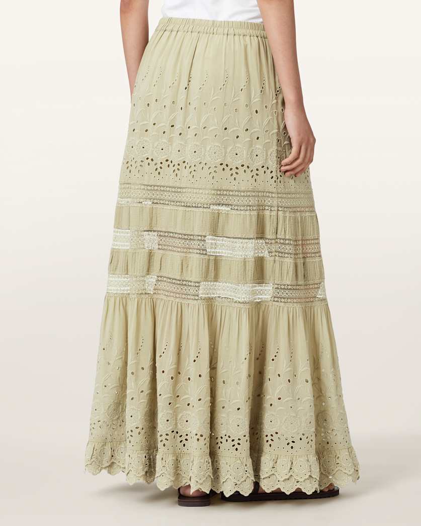 AllSaints Camille Embroidered Tiered Maxi Skirt Women's Plaster Pink Women's