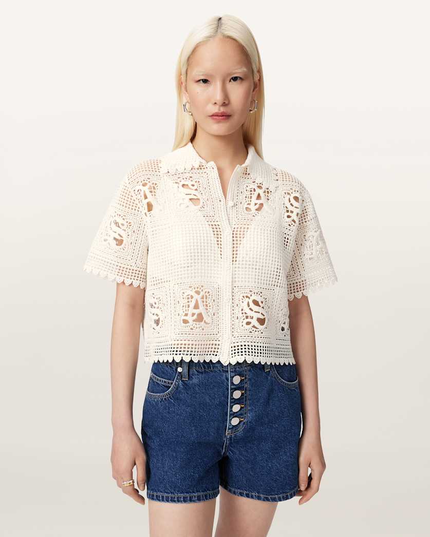 AllSaints Kyra Crochet Cropped Polo Women's Chalk White Women's