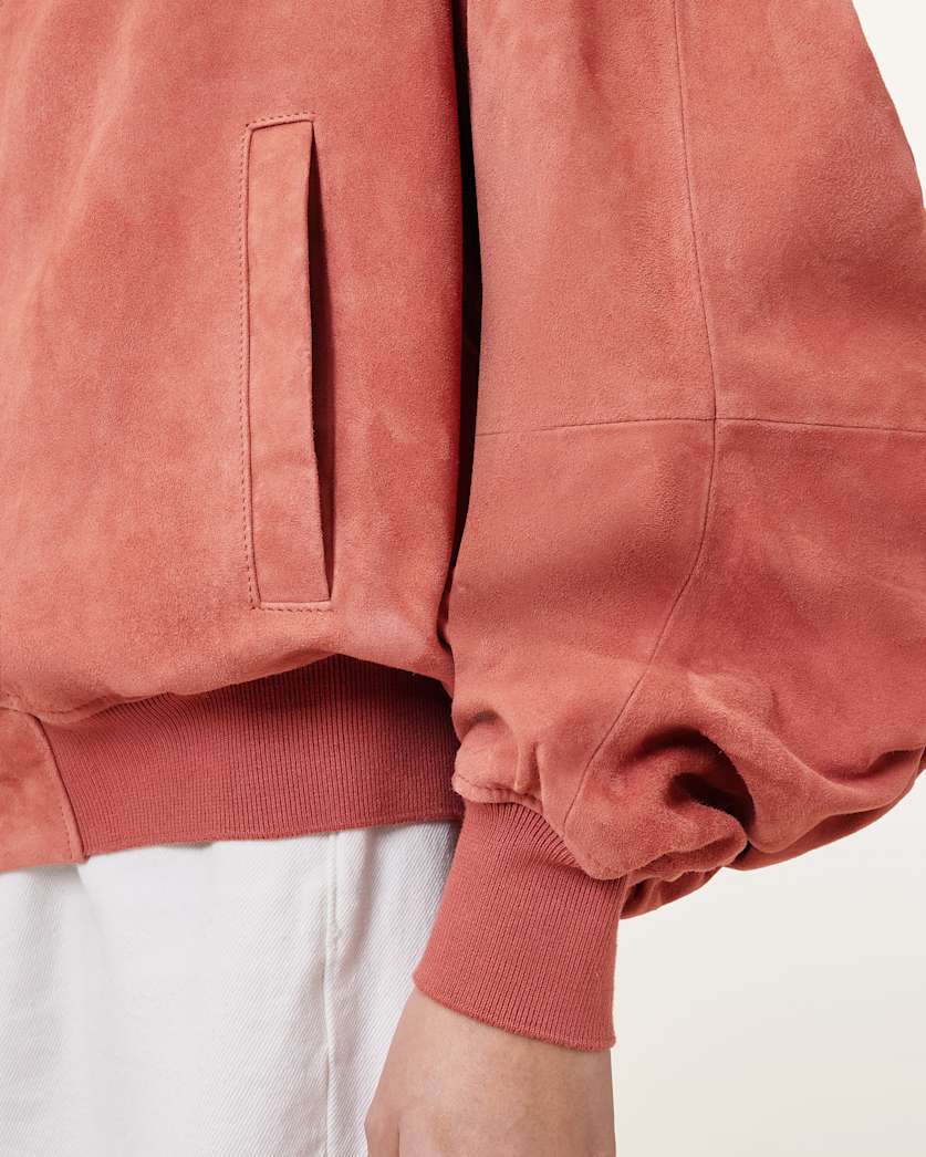 AllSaints Dana Relaxed Fit Suede Bomber Jacket Women's Burnt Brick Red Women's