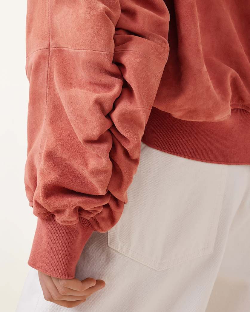 AllSaints Dana Relaxed Fit Suede Bomber Jacket Women's Burnt Brick Red Women's