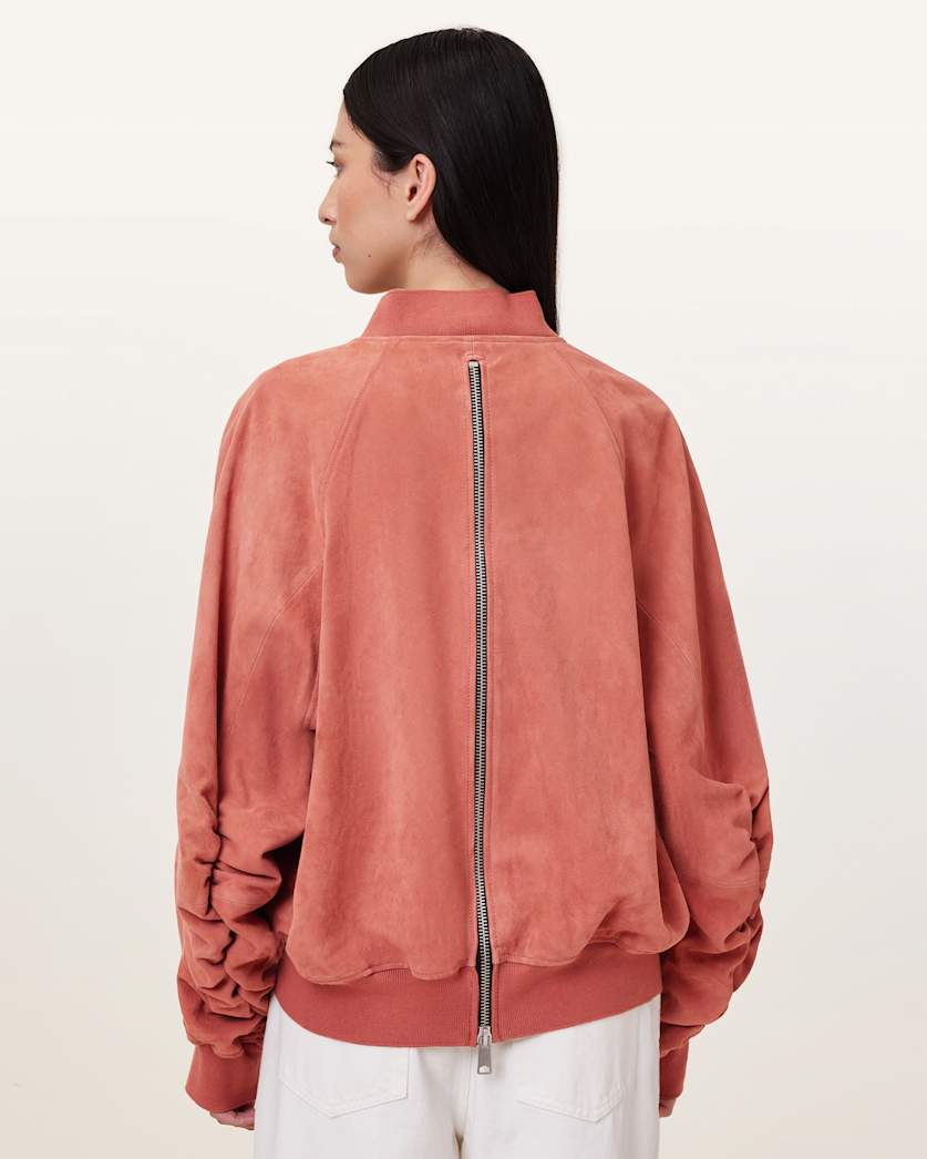 AllSaints Dana Relaxed Fit Suede Bomber Jacket Women's Burnt Brick Red Women's