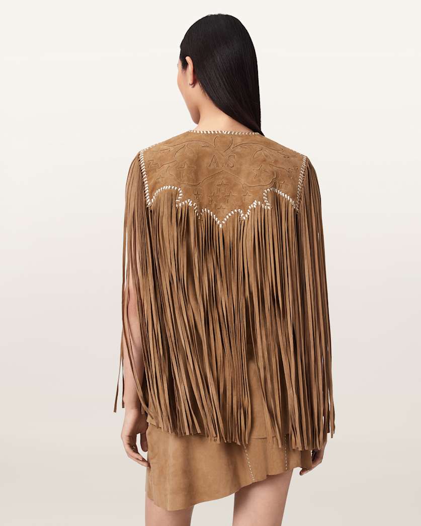 AllSaints Carter Whipstitch Suede Tassel Gilet Women's Sand Brown Women's