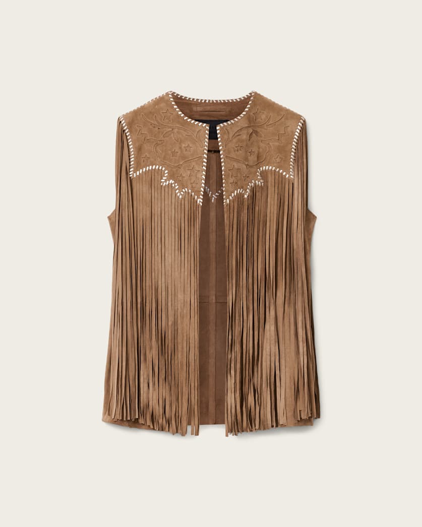 AllSaints Carter Whipstitch Suede Tassel Gilet Women's Sand Brown Women's