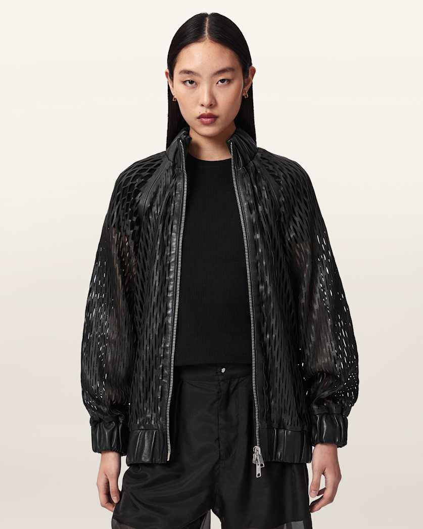 AllSaints Dual Relaxed Fit Leather Bomber Jacket Women's Black Women's