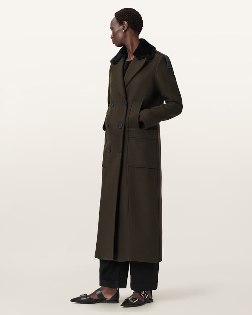 AllSaints Millie Double Breasted Coat Women's Khaki Green Women's