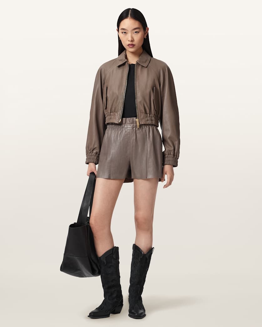 AllSaints Fran High Rise Leather Shorts Women's Mole Brown Women's