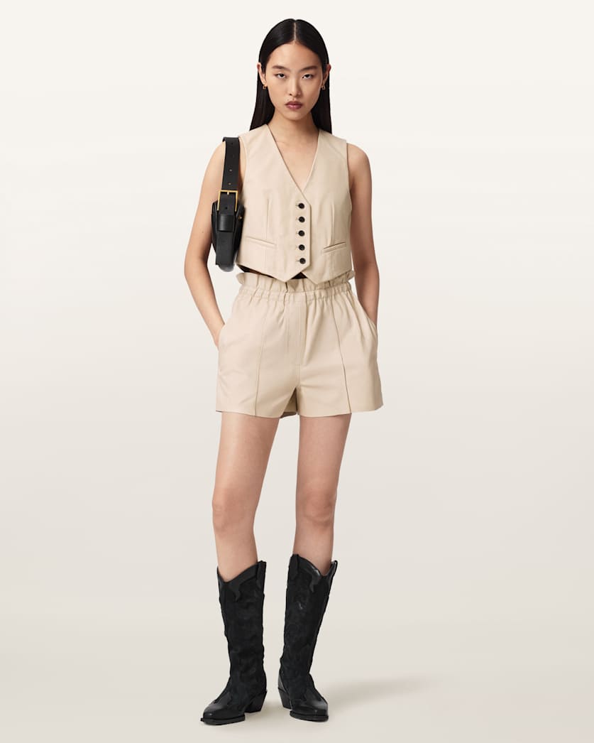 AllSaints Fran High Rise Leather Shorts Women's Mole Brown Women's