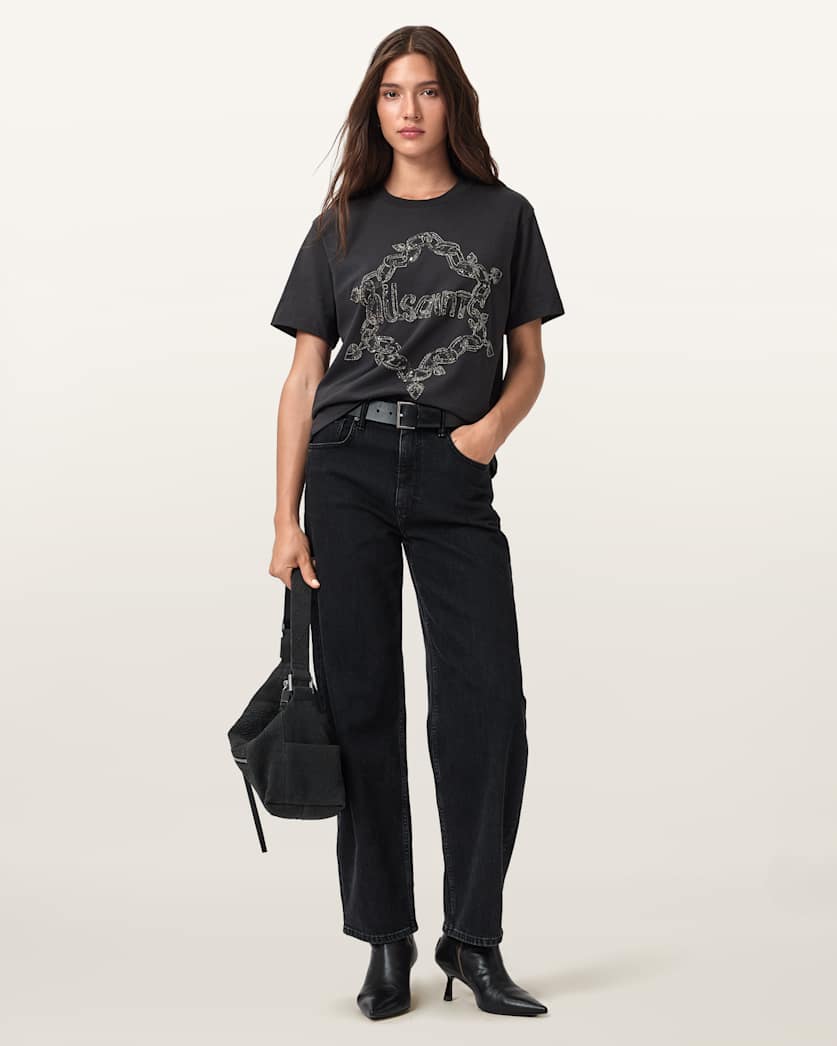 AllSaints Drip Embellished Boyfriend T Shirt Women's Washed Black Women's