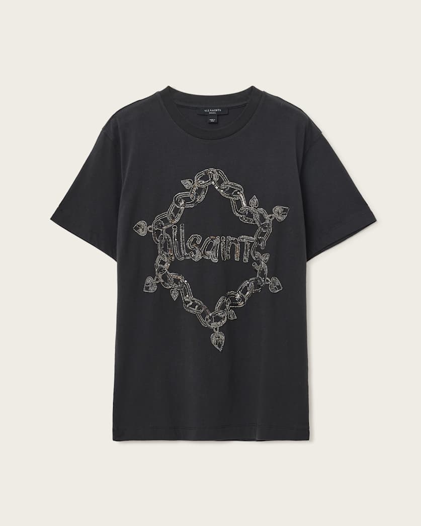 AllSaints Drip Embellished Boyfriend T Shirt Women's Washed Black Women's