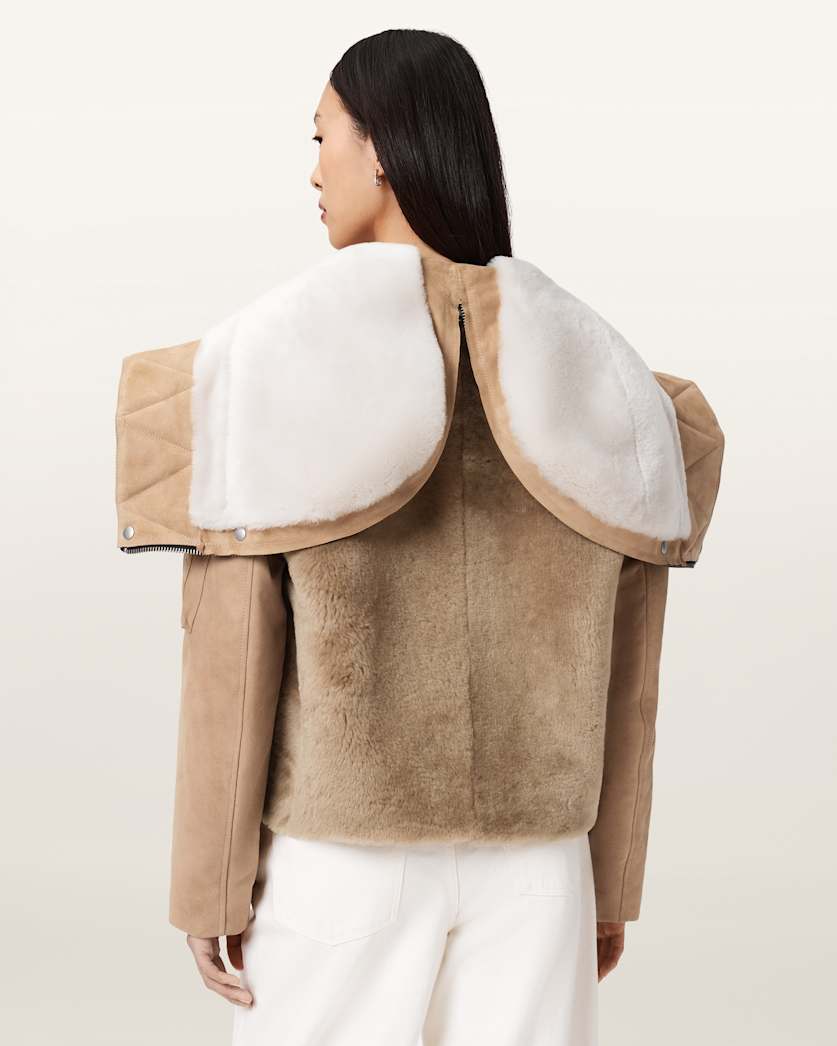 AllSaints Dexter Shearling Bomber Jacket Women's Taupe Brown Women's