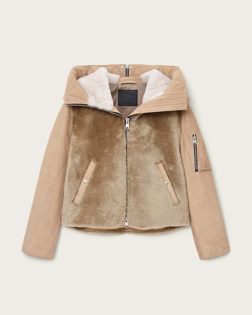 AllSaints Dexter Shearling Bomber Jacket Women's Taupe Brown Women's