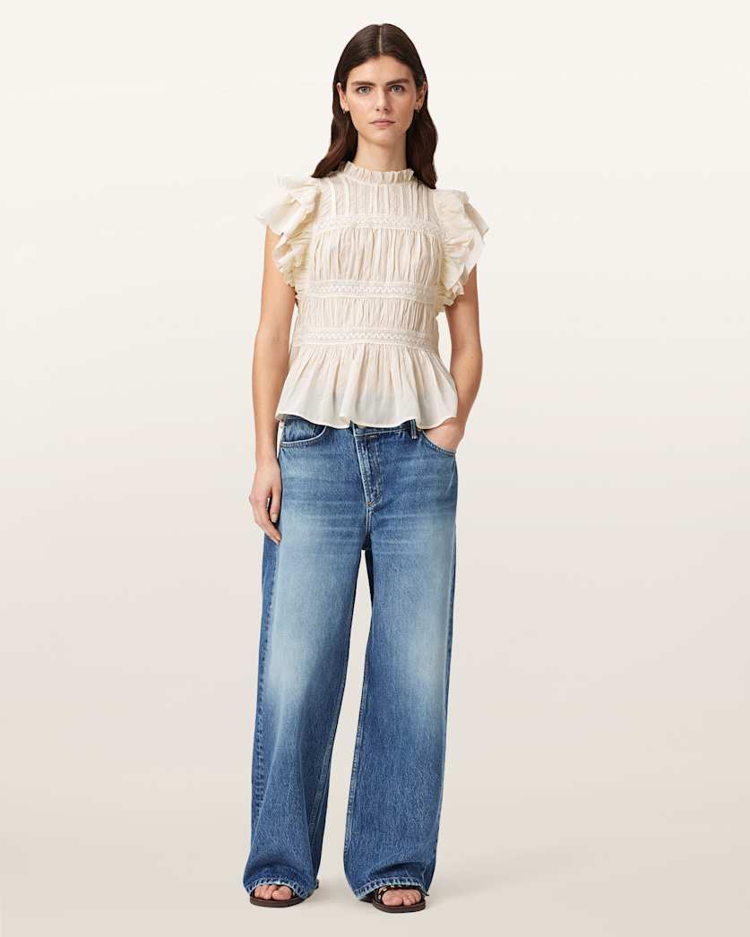 AllSaints Harriet Short Sleeve Ruched Relaxed Fit Top Women's Dove White Women's