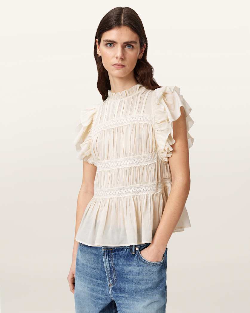 AllSaints Harriet Short Sleeve Ruched Relaxed Fit Top Women's Dove White Women's