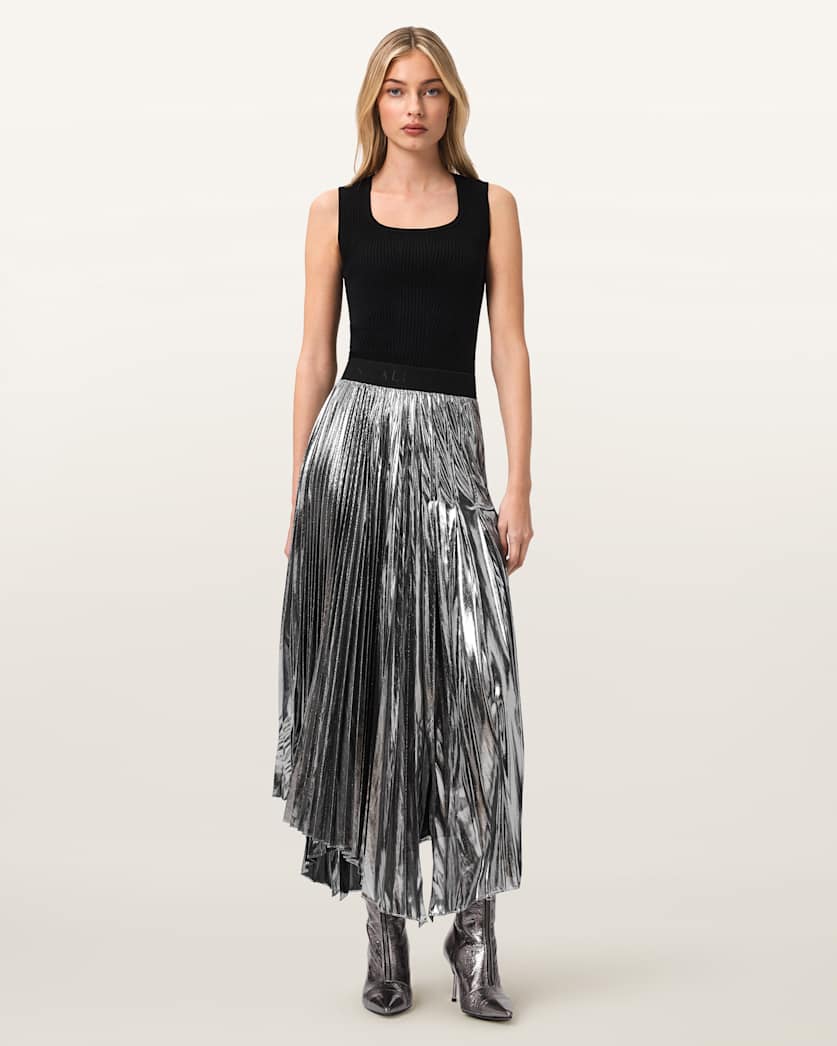 AllSaints Jax Pleated Midi Skirt Women's Metallic Silver Women's