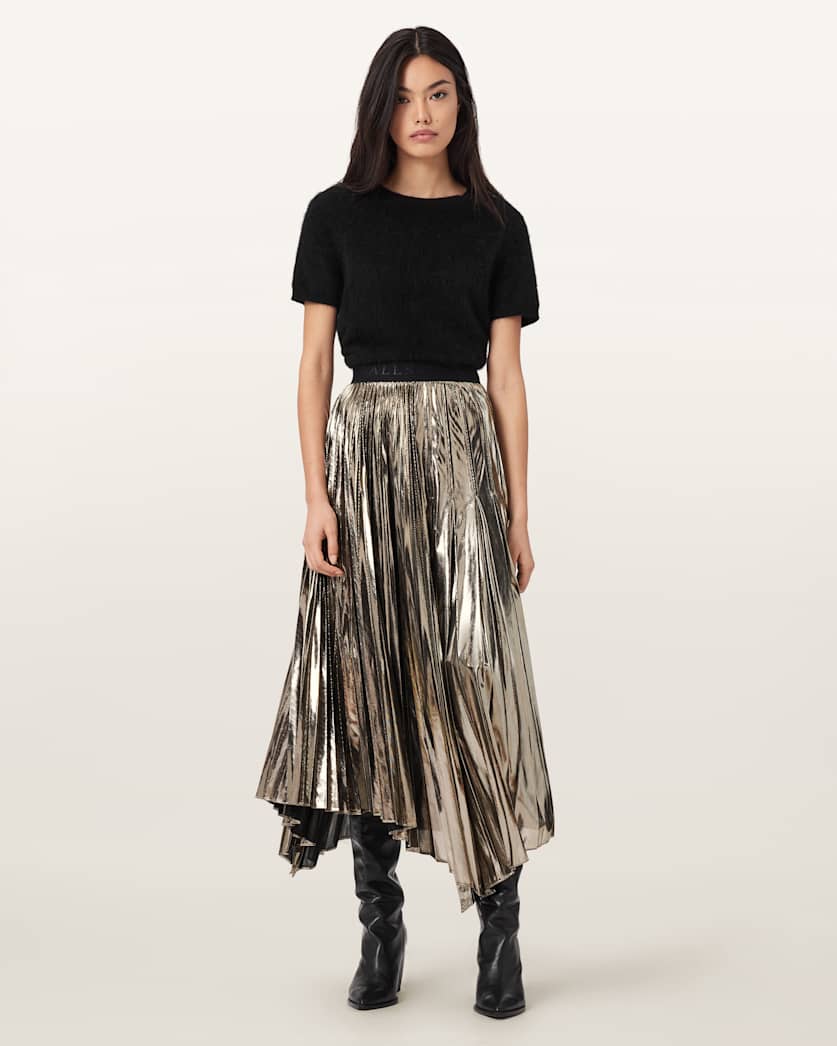 AllSaints Jax Pleated Midi Skirt Women's Metallic Silver Women's