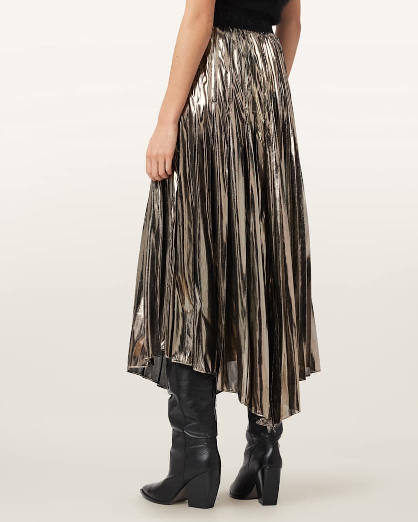 AllSaints Jax Pleated Midi Skirt Women's Metallic Silver Women's
