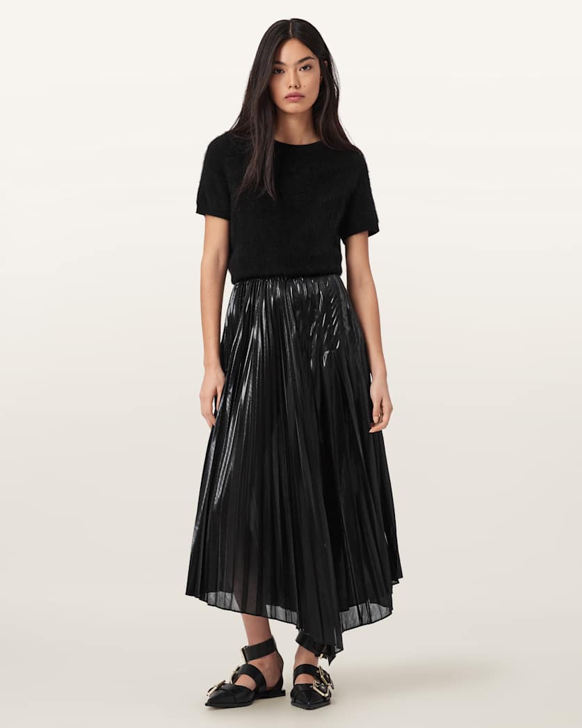 AllSaints Jax Pleated Midi Skirt Women's Metallic Silver Women's