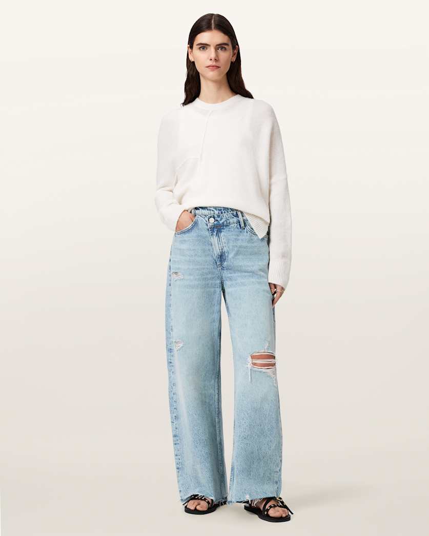 AllSaints Aki Mid Rise Crossover Jeans Women's Destroy Light Blue Women's